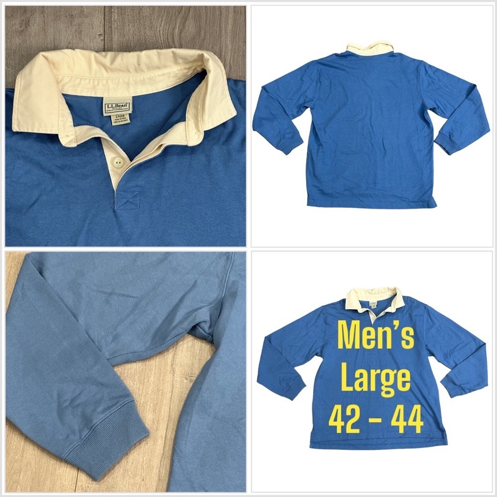 Men's L.L. Bean Large 42 - 44 Woven Henley Polo Shirt Blue Long Sleeve Pullover